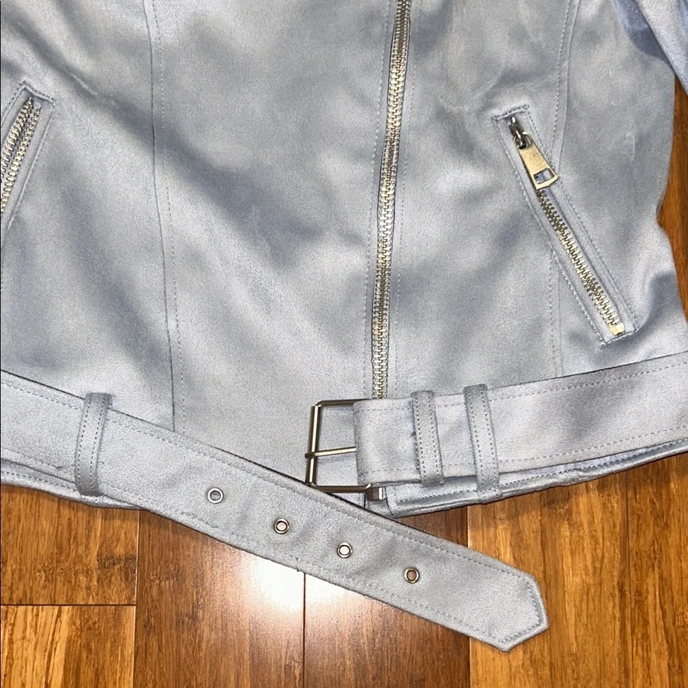 H&M Girls Size 12 Light Blue Faux Leather Moto Biker Jacket Belted